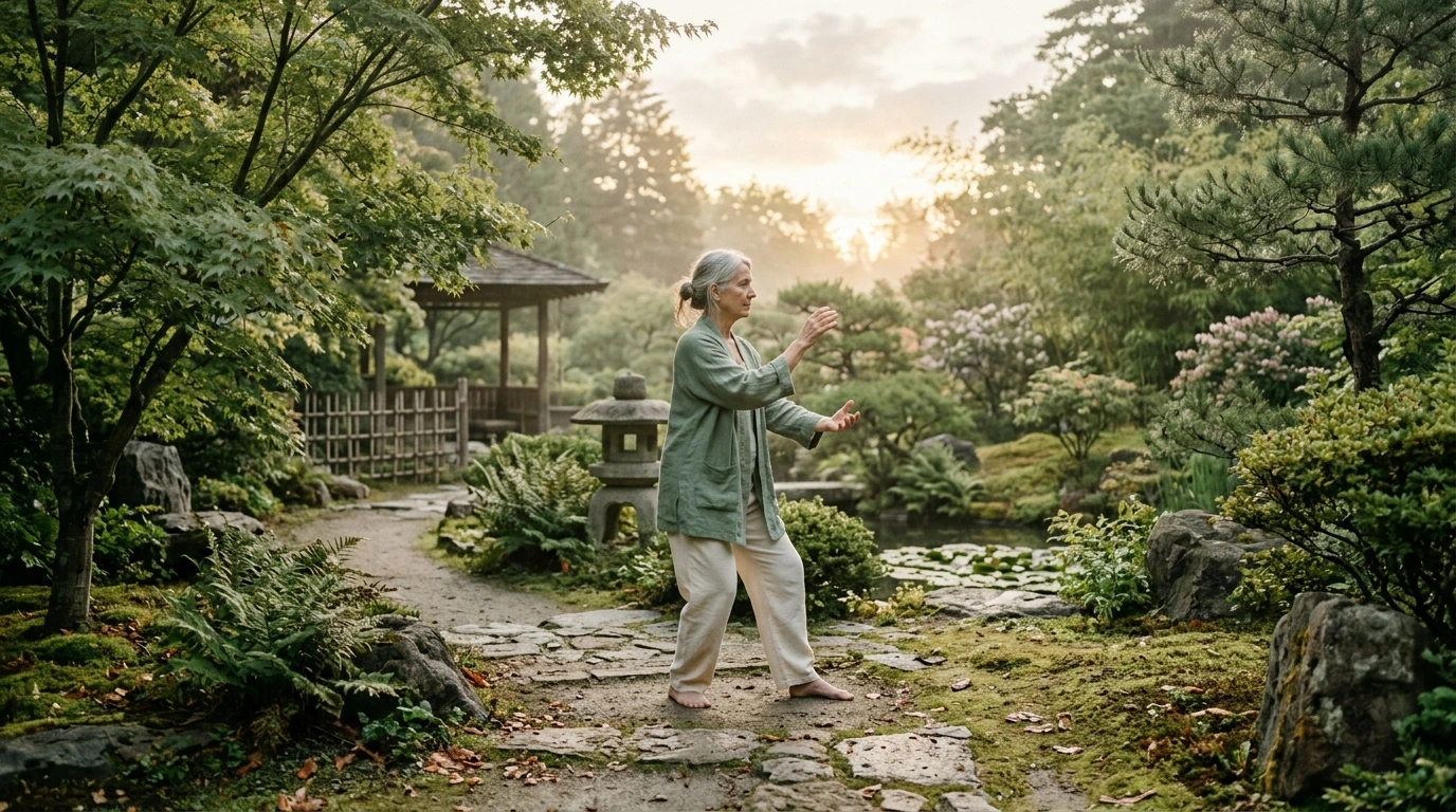 Personne pratiquant le qi gong au calme dans la lumière du matin