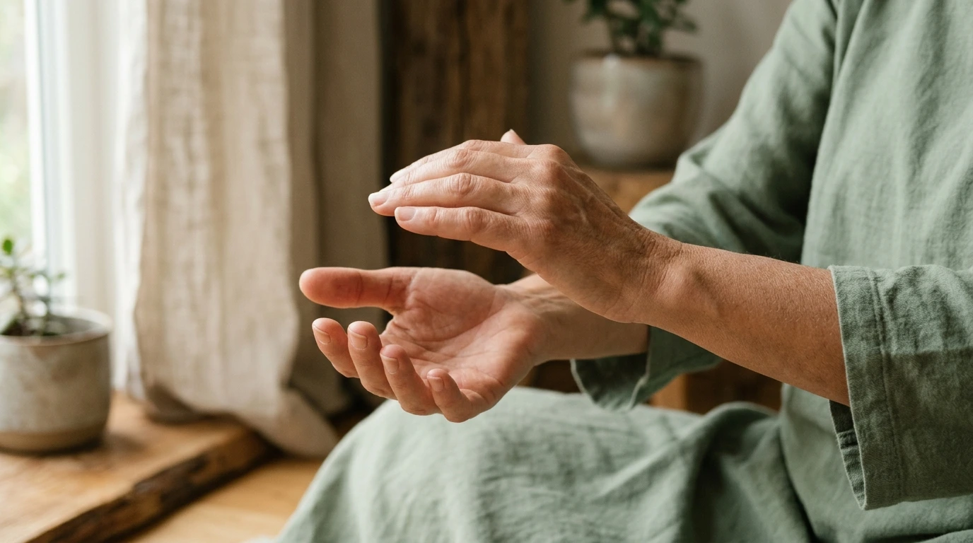 Gros plan sur des mains dans un mouvement lent de qi gong