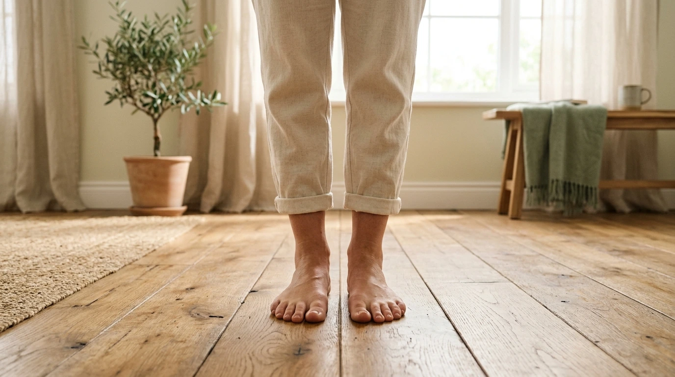 Pieds ancrés au sol lors d'une posture de qi gong