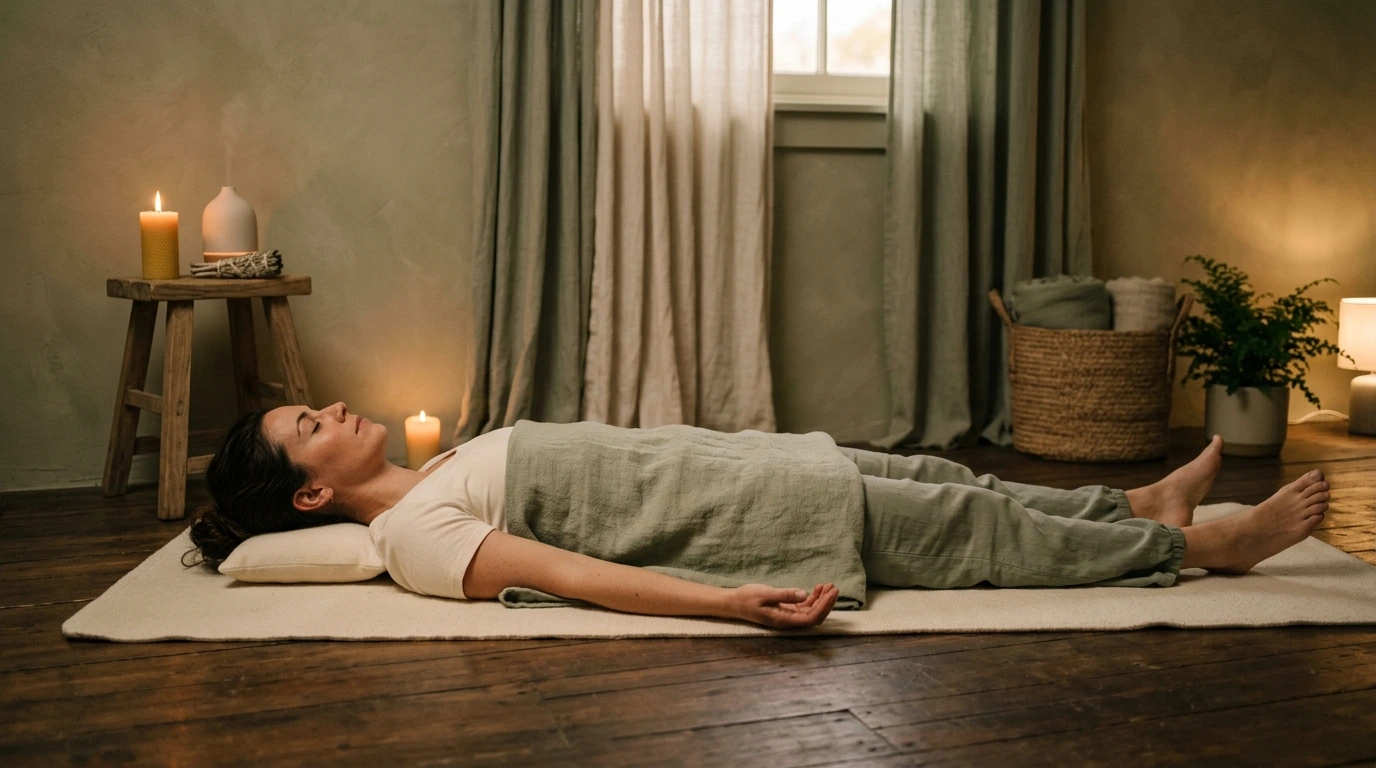 Personne allongée pratiquant le yoga nidra