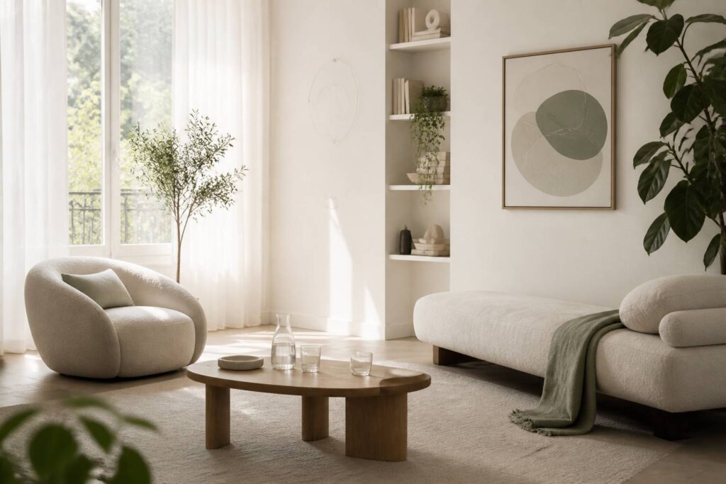 Cabinet de psychanalyse baigné de lumière matinale avec divan et fauteuil enveloppants