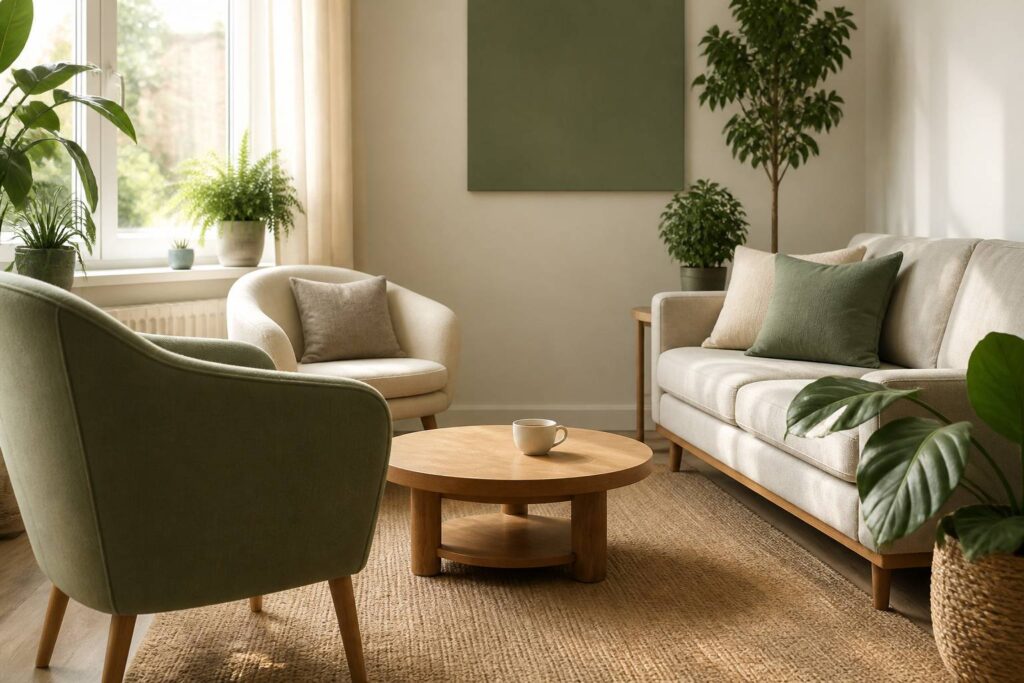 Cabinet de psychologue lumineux avec canapé, fauteuils et plantes vertes
