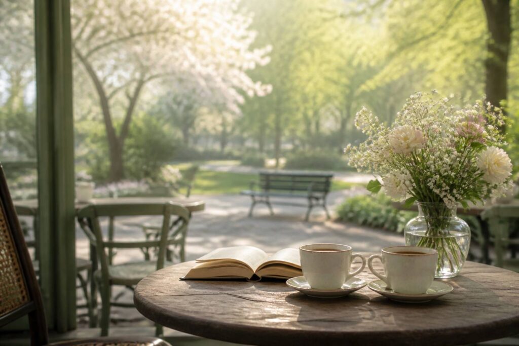 Café-terrasse lumineux au matin avec deux tasses de café, livre ouvert et arbres en fleurs en arrière-plan