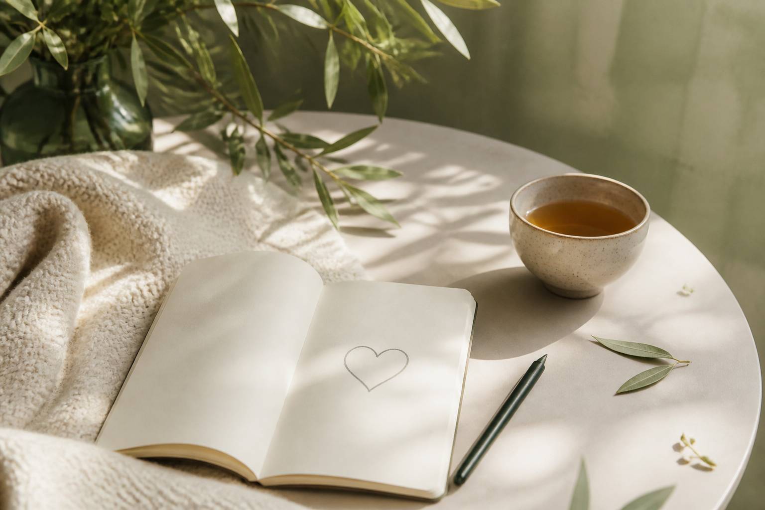 Carnet avec dessin de cœur, tasse de thé et stylo