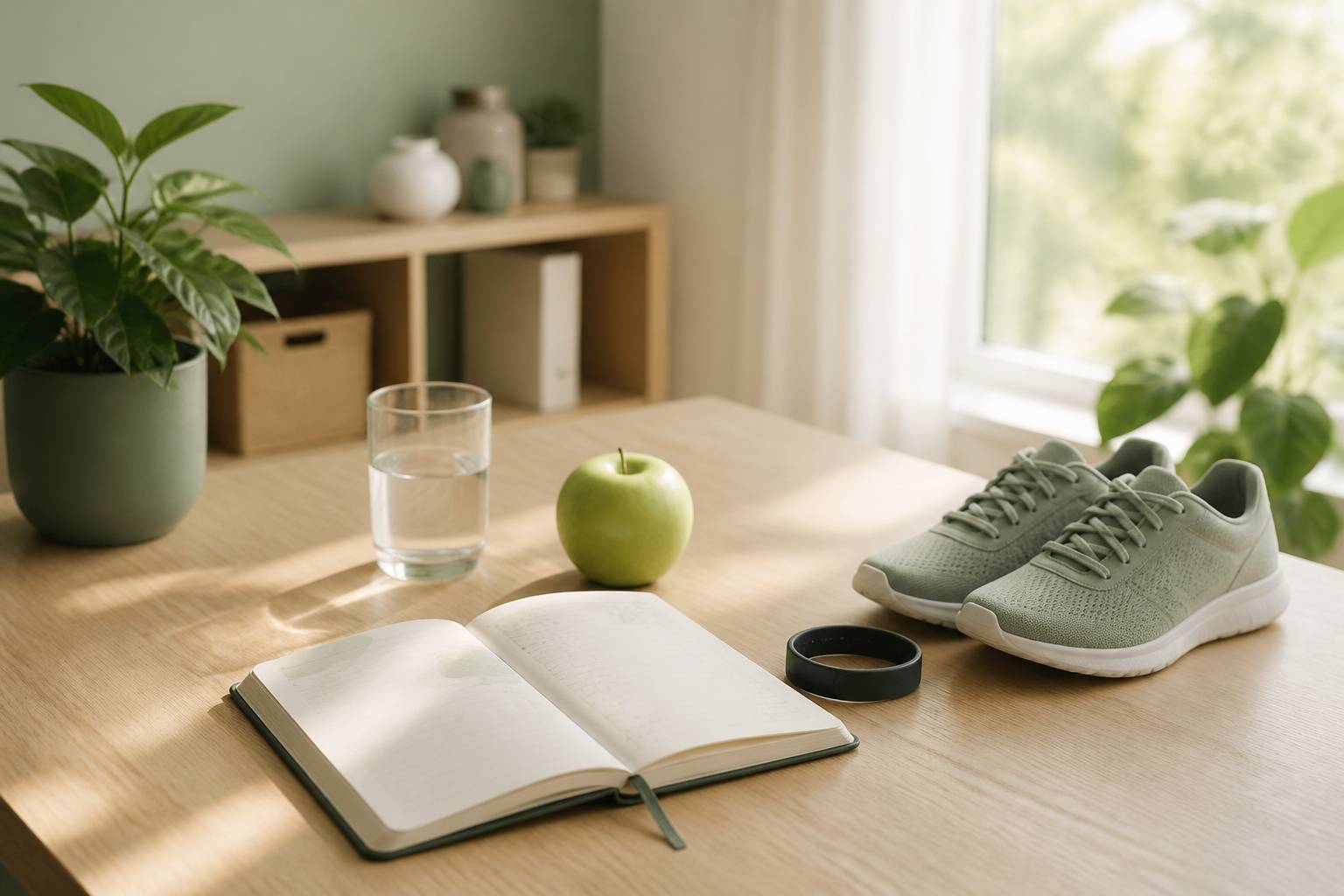 Carnet de suivi santé avec verre d'eau et baskets sur une table