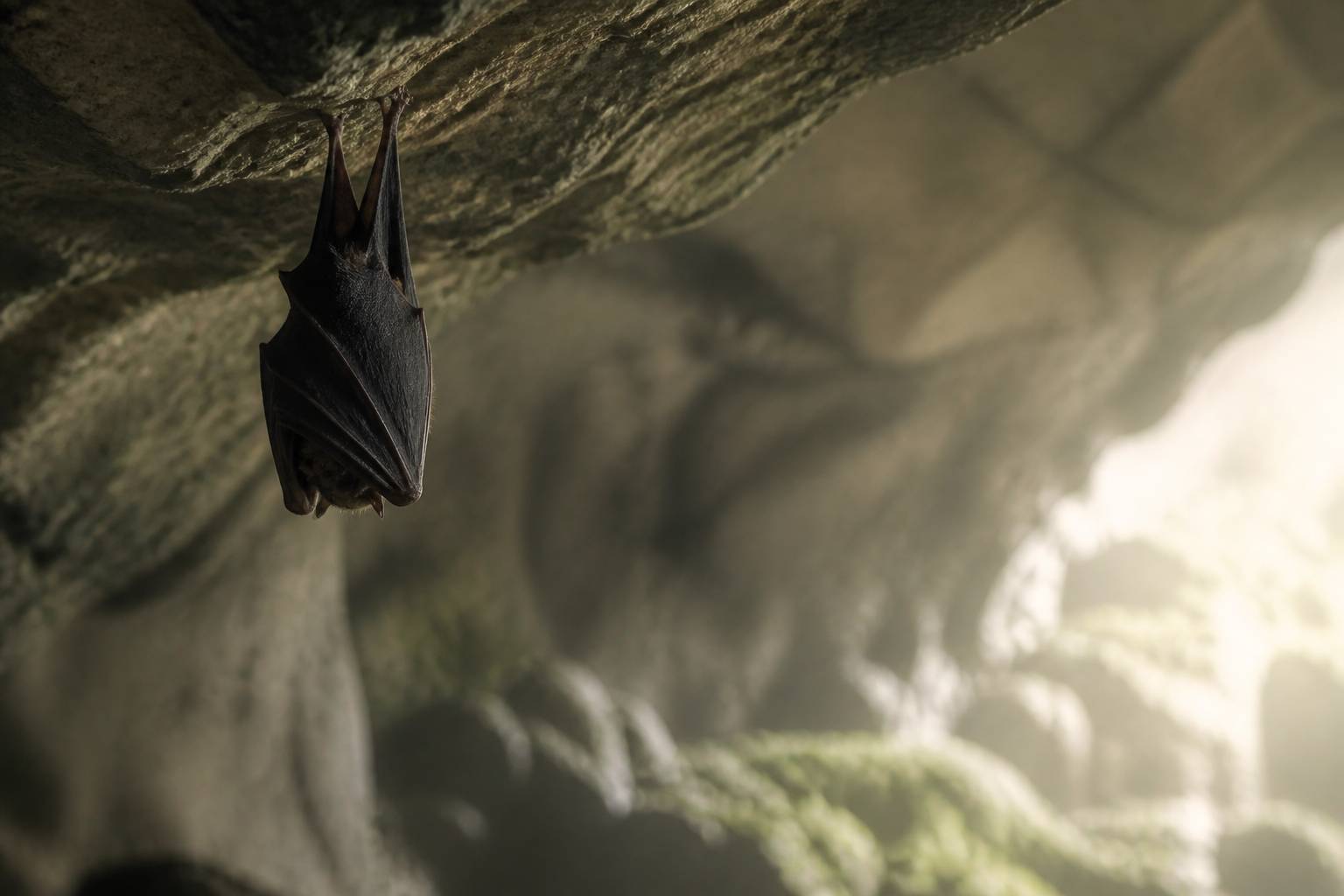 Chauve-souris accrochée à une branche dans une grotte à la lumière douce
