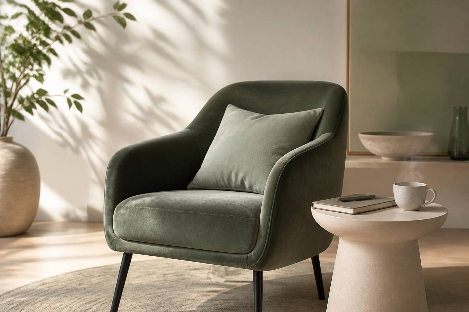 Fauteuil en velours sauge avec carnet et tasse de thé fumante