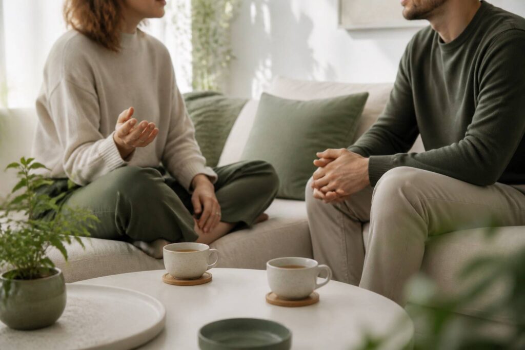 Couple d'adultes discutant calmement sur un canapé clair