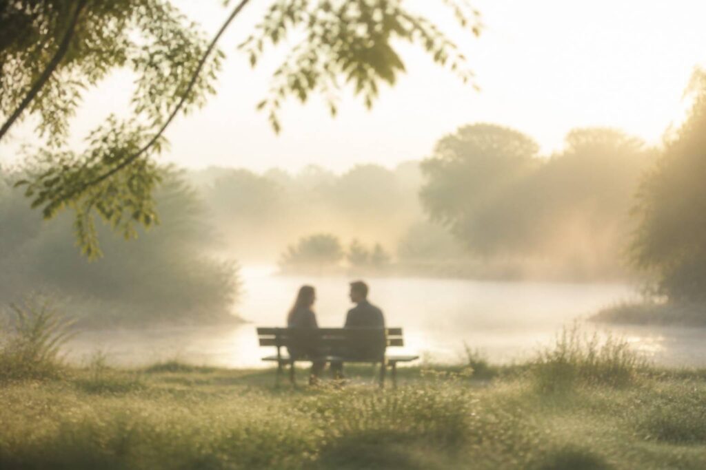 Deux silhouettes floues se rencontrant sur un banc au lever du soleil