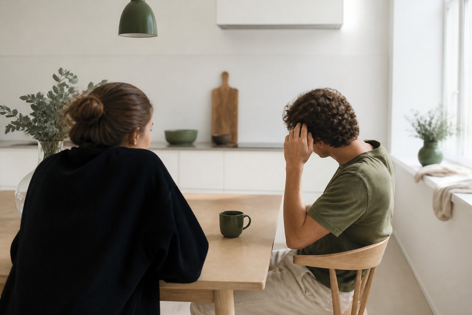 Couple attablé autour d'un café dans une cuisine claire, ambiance de discussion difficile