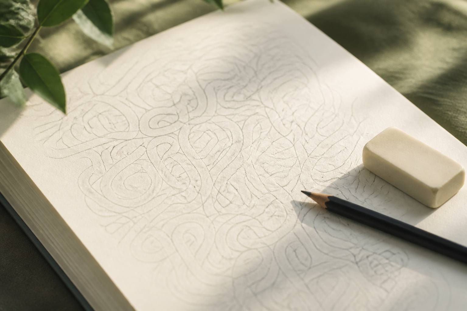Dédale dessiné au crayon fin sur une page de carnet avec gomme