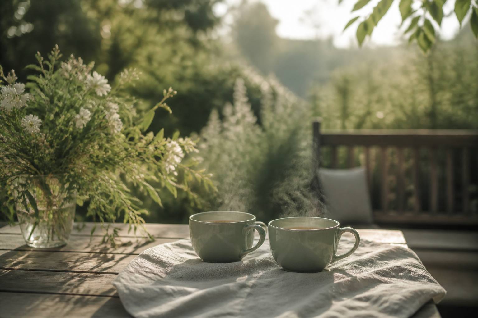 Deux tasses de thé fumantes sur une table en bois au jardin