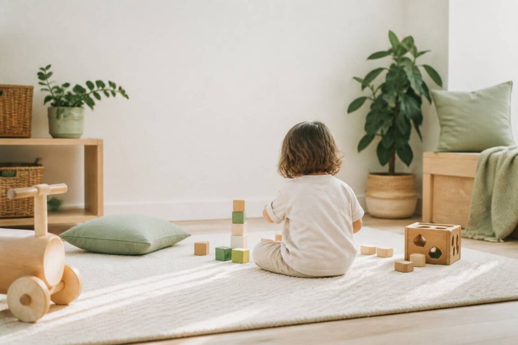 Enfant jouant avec des cubes en bois dans une pièce lumineuse