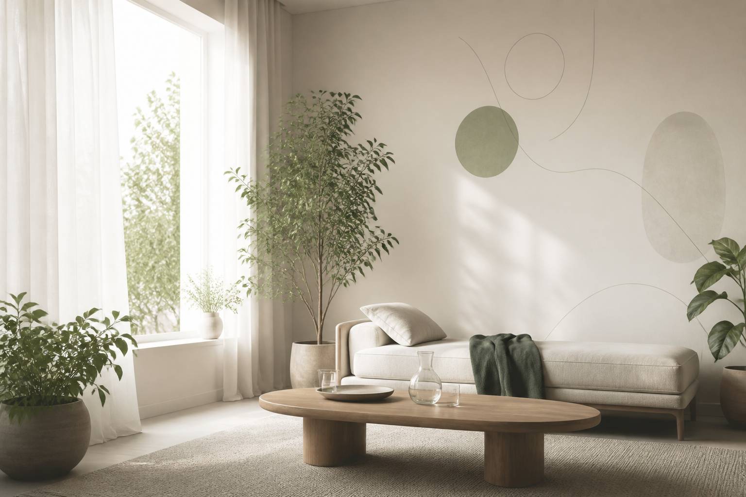 Vue apaisée d'un divan de consultation près d'une fenêtre lumineuse aux plantes vertes