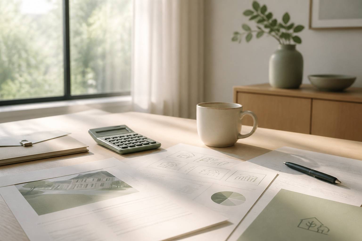 Documents immobiliers et tasse de café sur une table en bois au matin