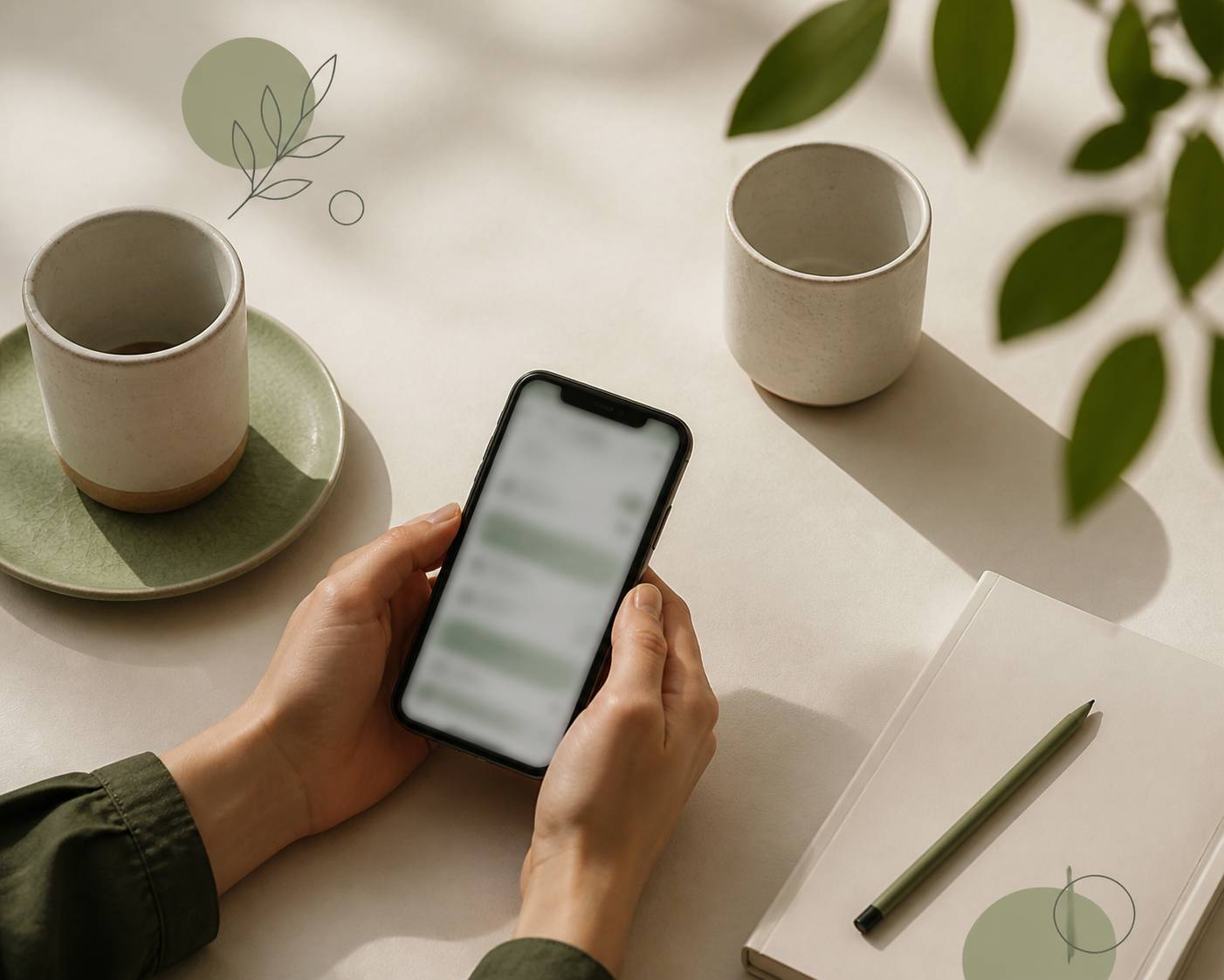Mains tenant un smartphone avec un carnet et deux tasses sur une table