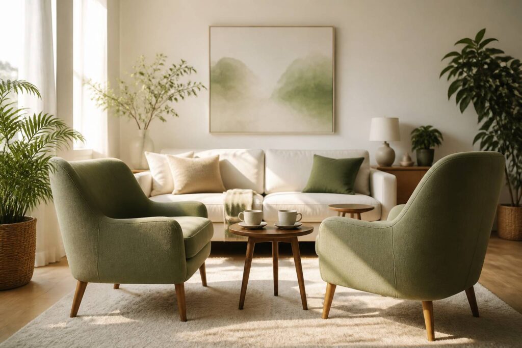 Salon calme avec deux fauteuils face à face et tasses de thé