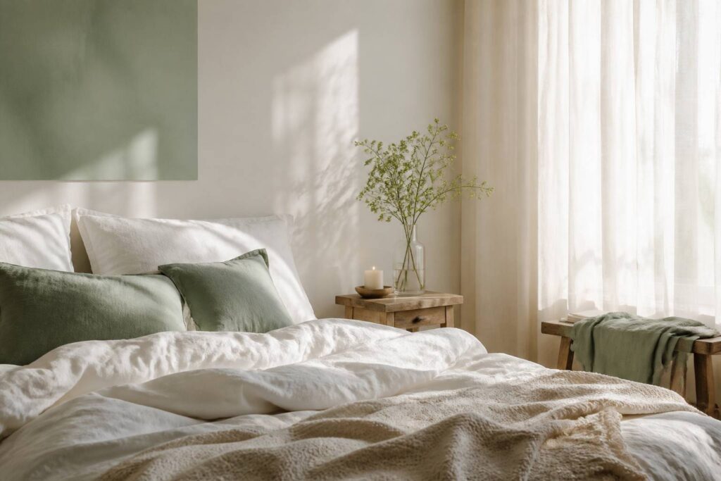Chambre apaisée au matin avec draps en lin et lumière filtrée