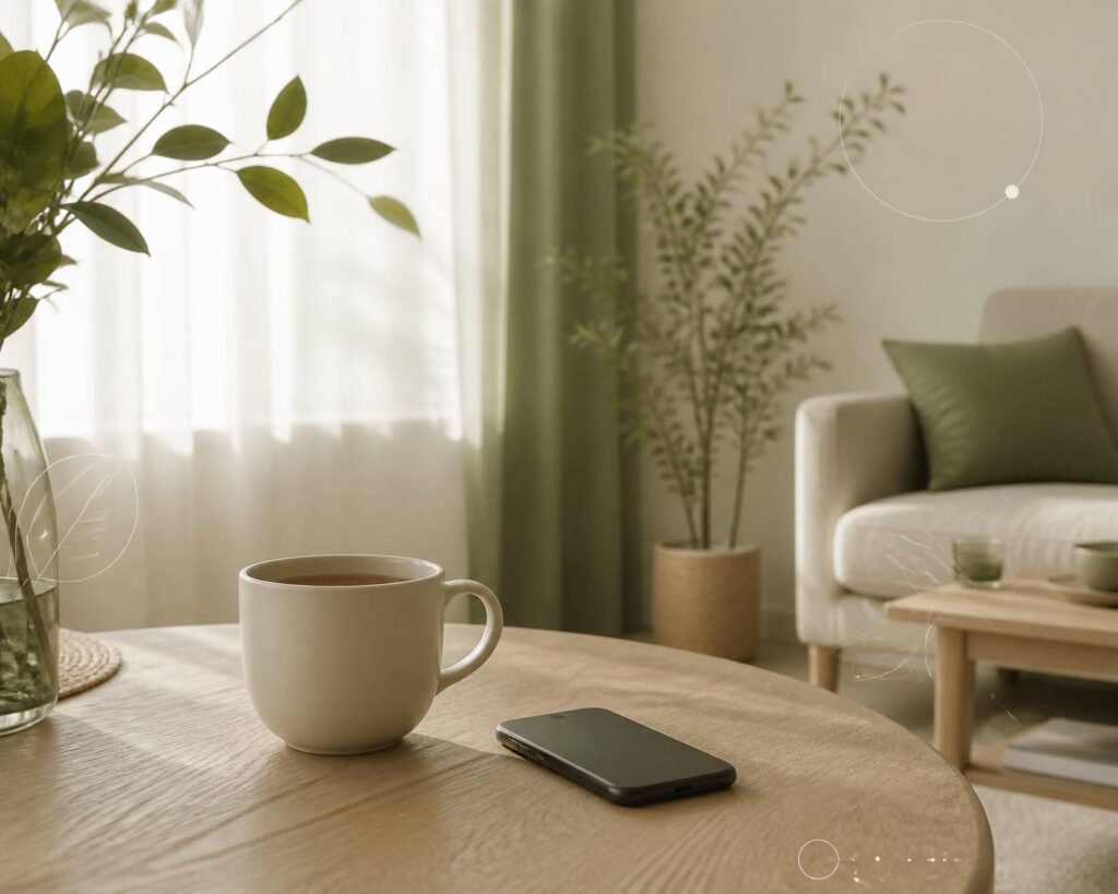 Salon calme au petit matin avec tasse de thé et téléphone posé face contre table