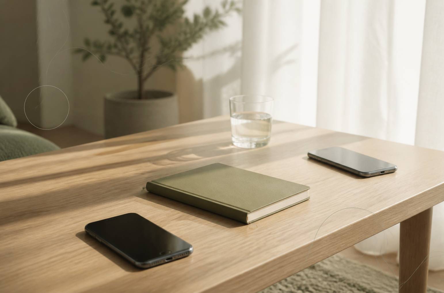 Deux téléphones éloignés sur une table basse en bois clair dans la lumière du matin