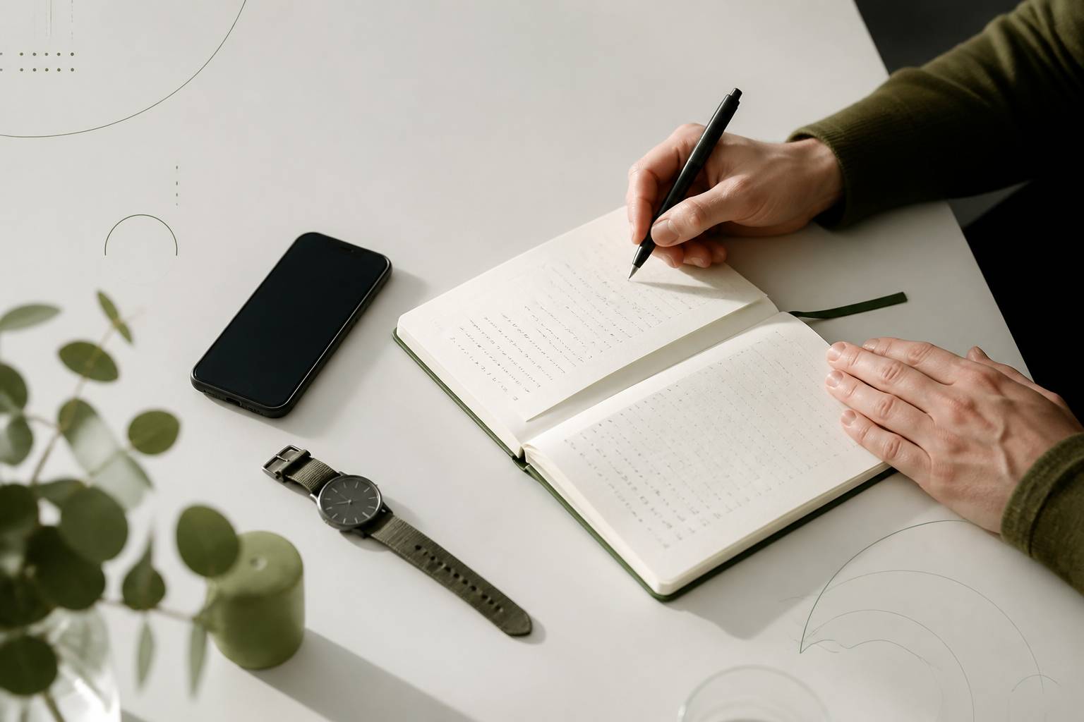Mains écrivant des listes dans un carnet près d'un téléphone et d'une montre