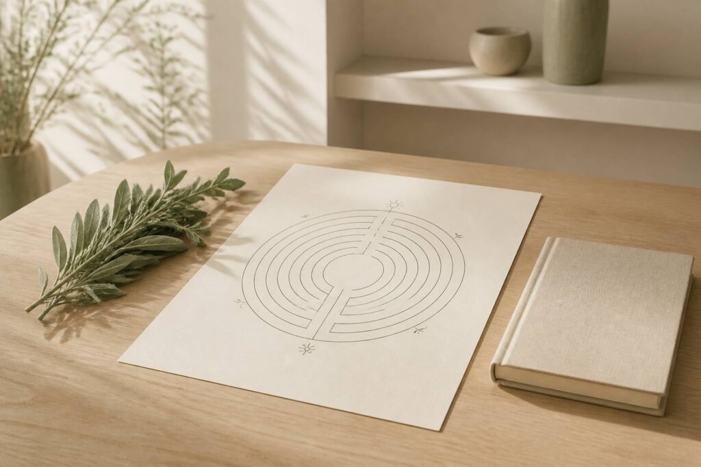 Labyrinthe en spirale tracé à l'encre sur papier crème avec rameau de sauge