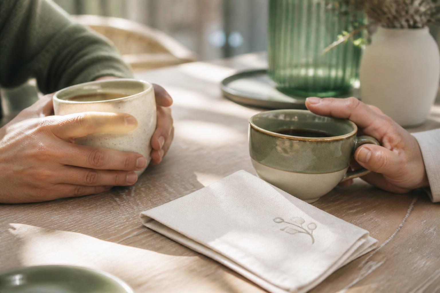 Mains près de deux tasses de café sur une table en bois