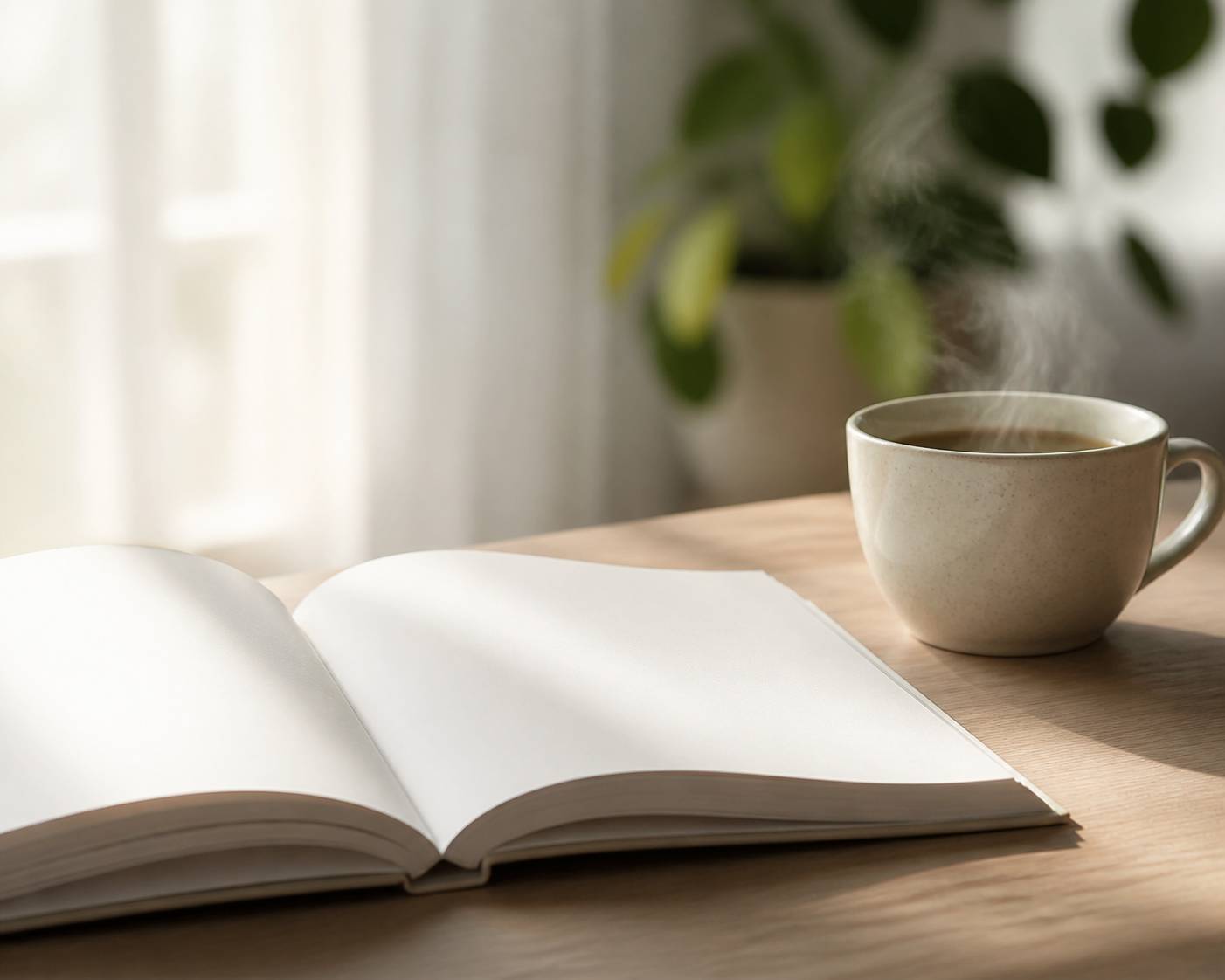 Livre ouvert aux pages blanches et tasse de thé sur une table près d'une fenêtre