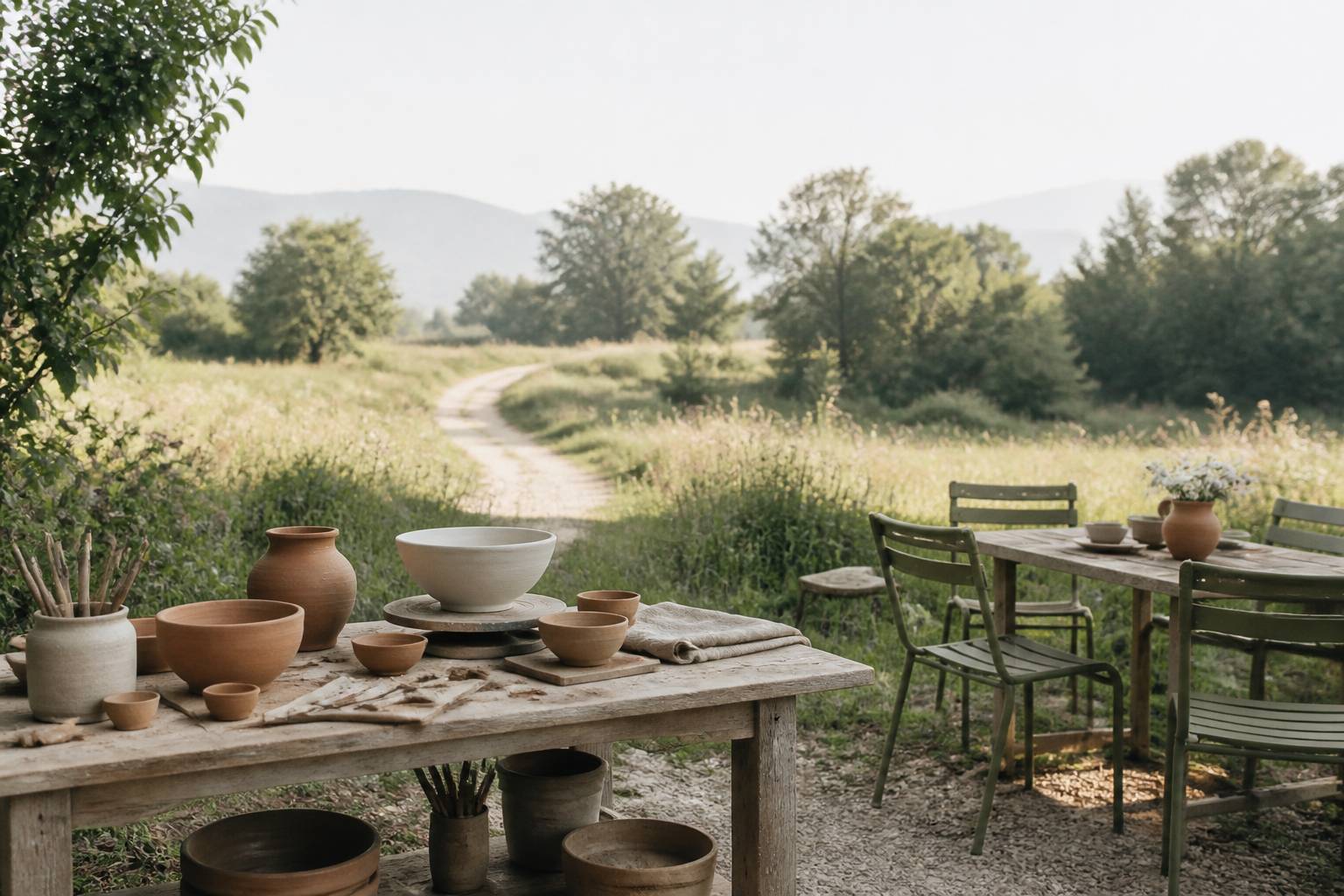 Scène de loisirs partagés avec sentier de randonnée, table d'atelier de poterie et table de pique-nique