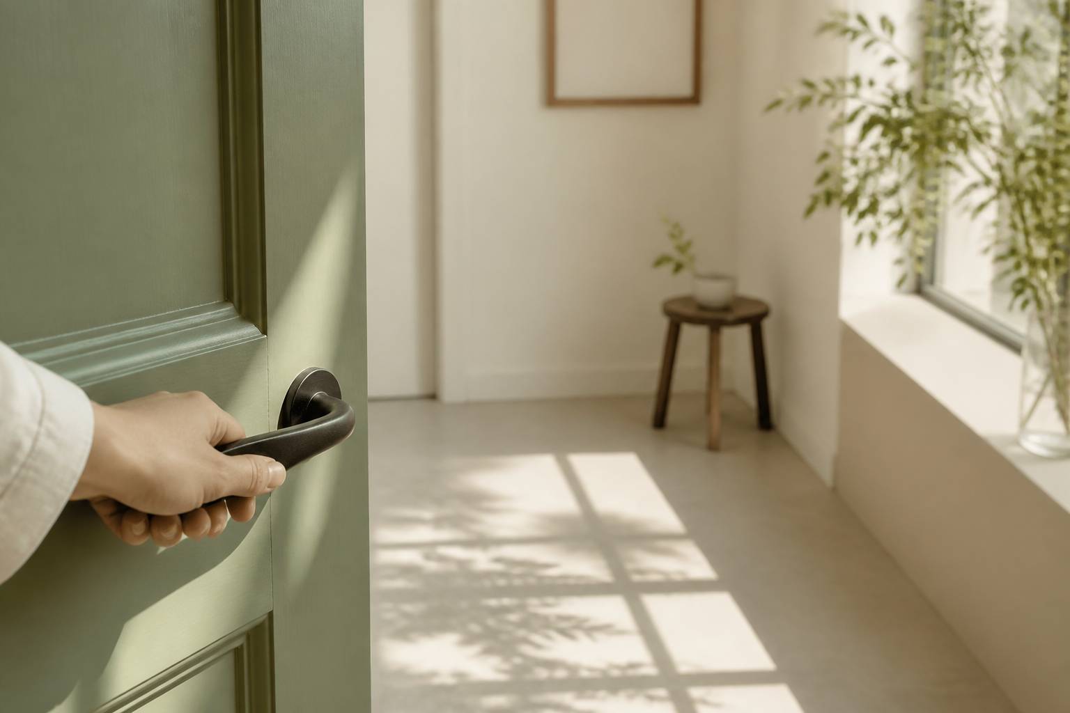 Main anonyme ouvrant une porte vers la lumière du matin