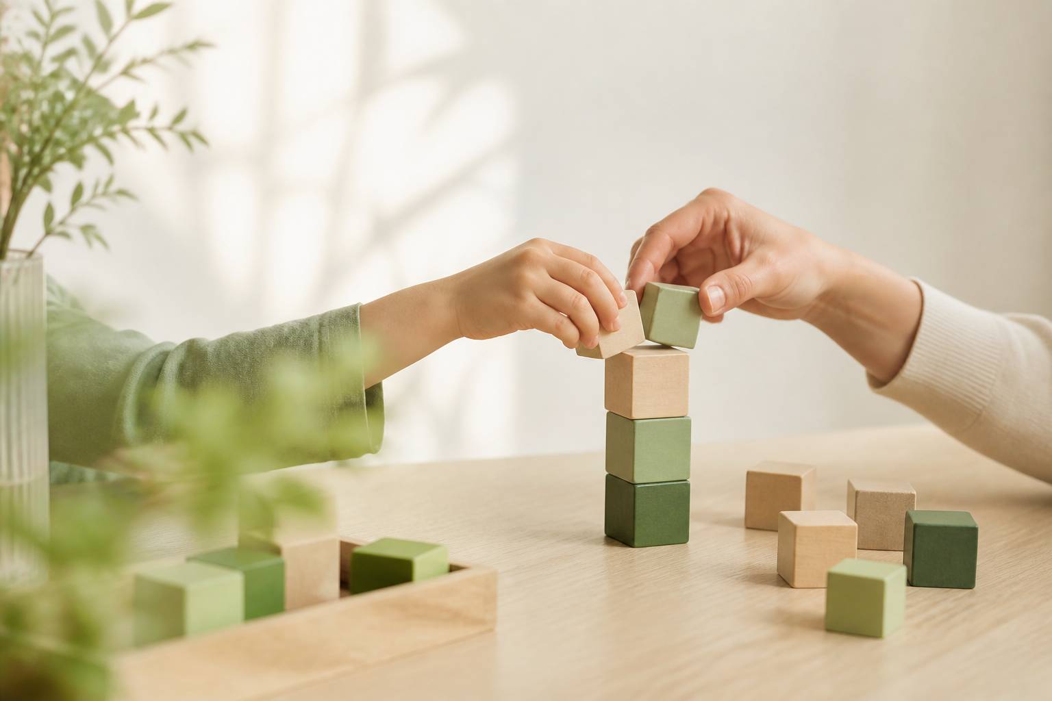 Mains d'enfant et d'adulte empilant des cubes en bois sur une table claire