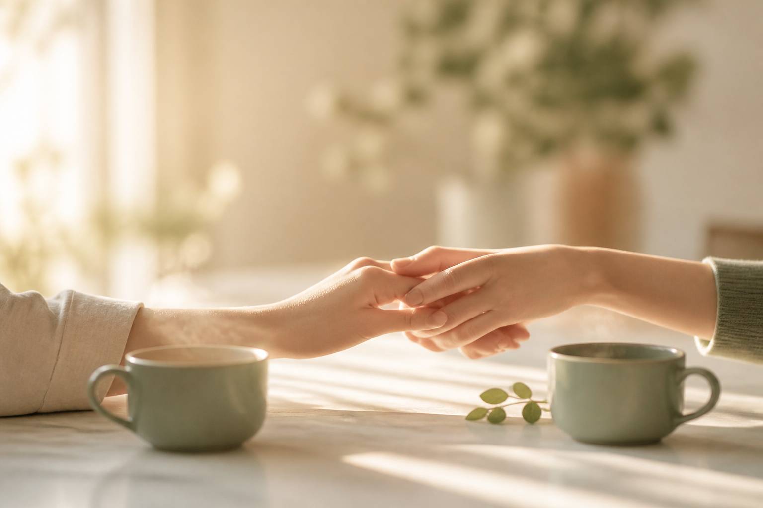 Deux mains qui se touchent au-dessus d'une table de café