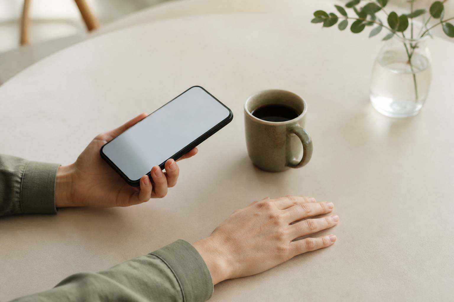 Main tenant un smartphone à côté d'une main à plat sur une table
