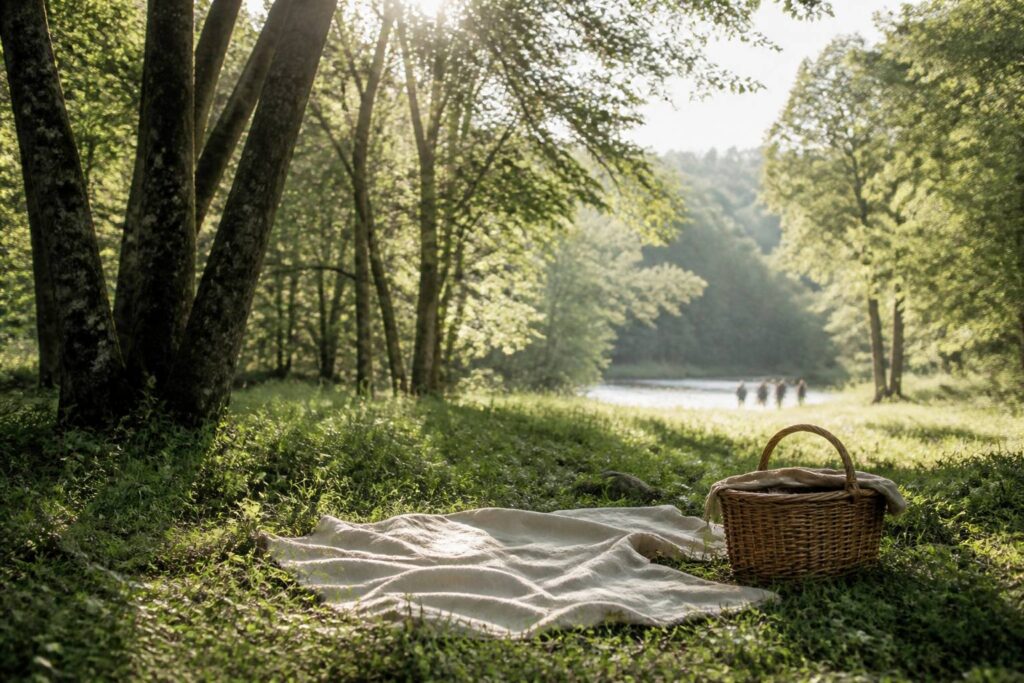 Clairière baignée de lumière matinale avec couverture en lin et panier en osier au bord d'une rivière
