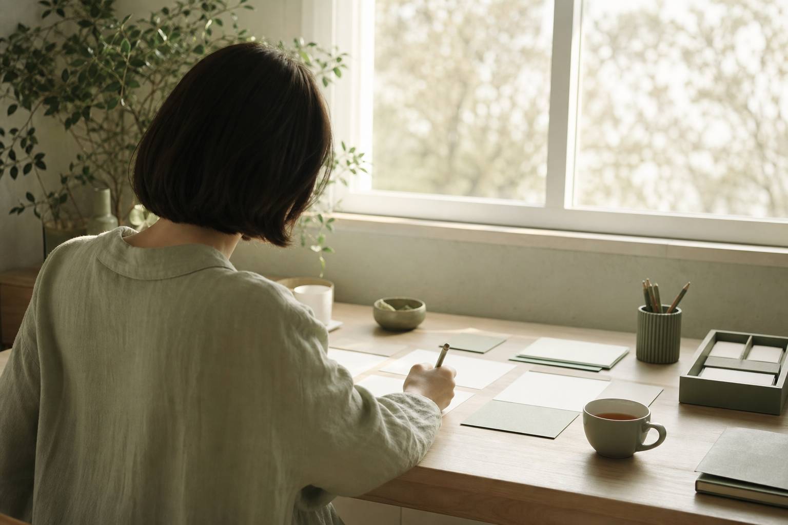 Personne vue de dos à un bureau clair avec fiches et notes près d'une fenêtre lumineuse du matin