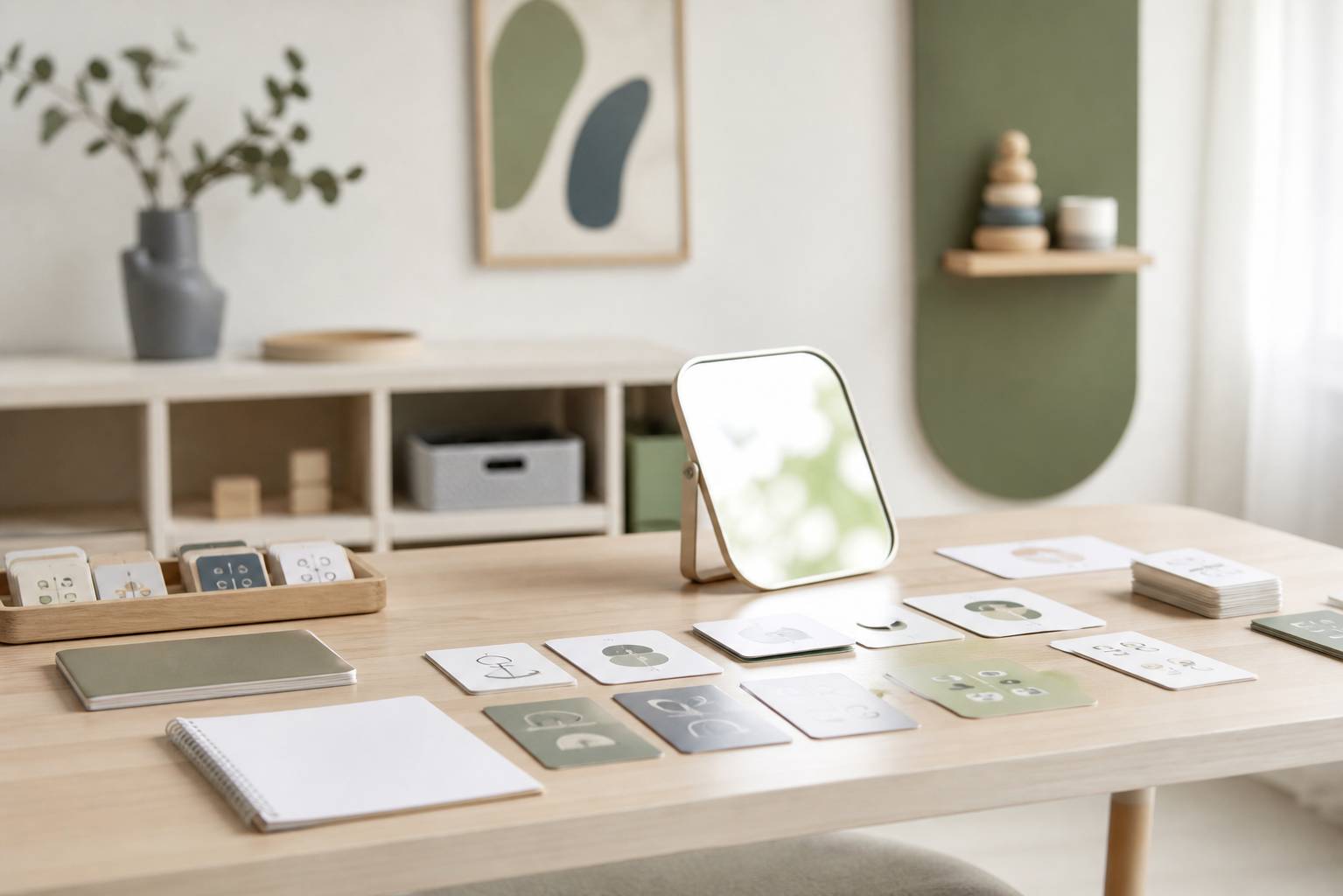 Table de travail d'un cabinet d'orthophonie avec des supports génériques