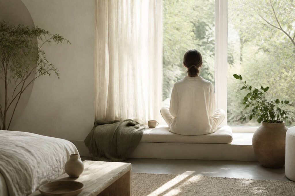 Personne assise près d'une fenêtre dans la lumière du matin