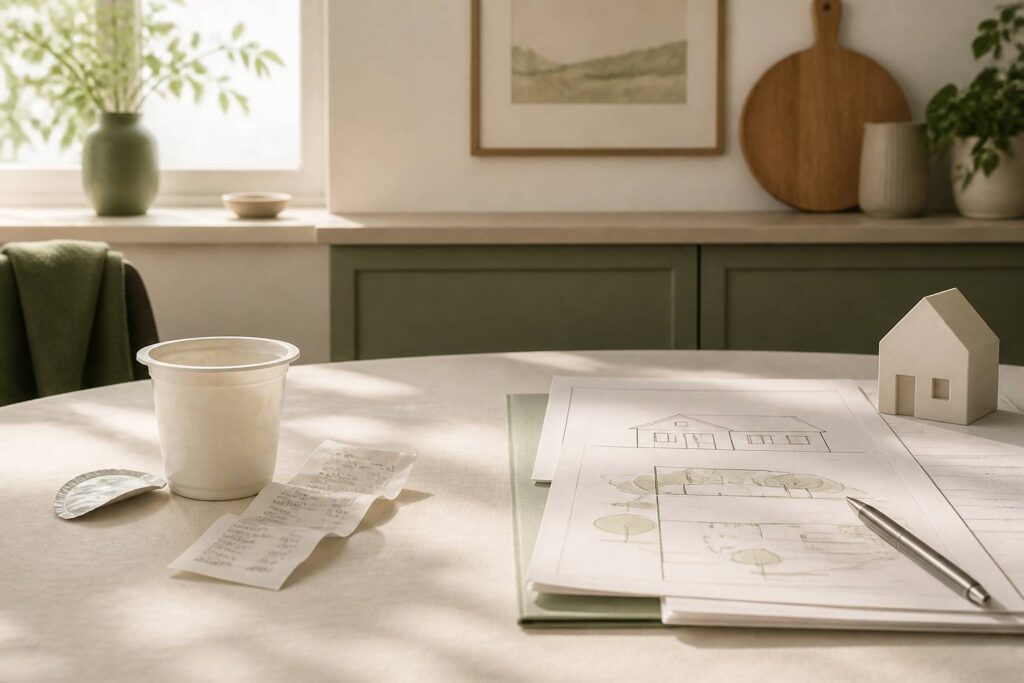 Table de cuisine avec pot de yaourt vide et documents immobiliers illustrant les dépenses du couple
