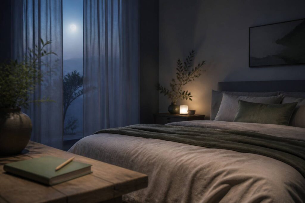 Chambre nocturne apaisante avec un carnet de rêves sur la table de chevet