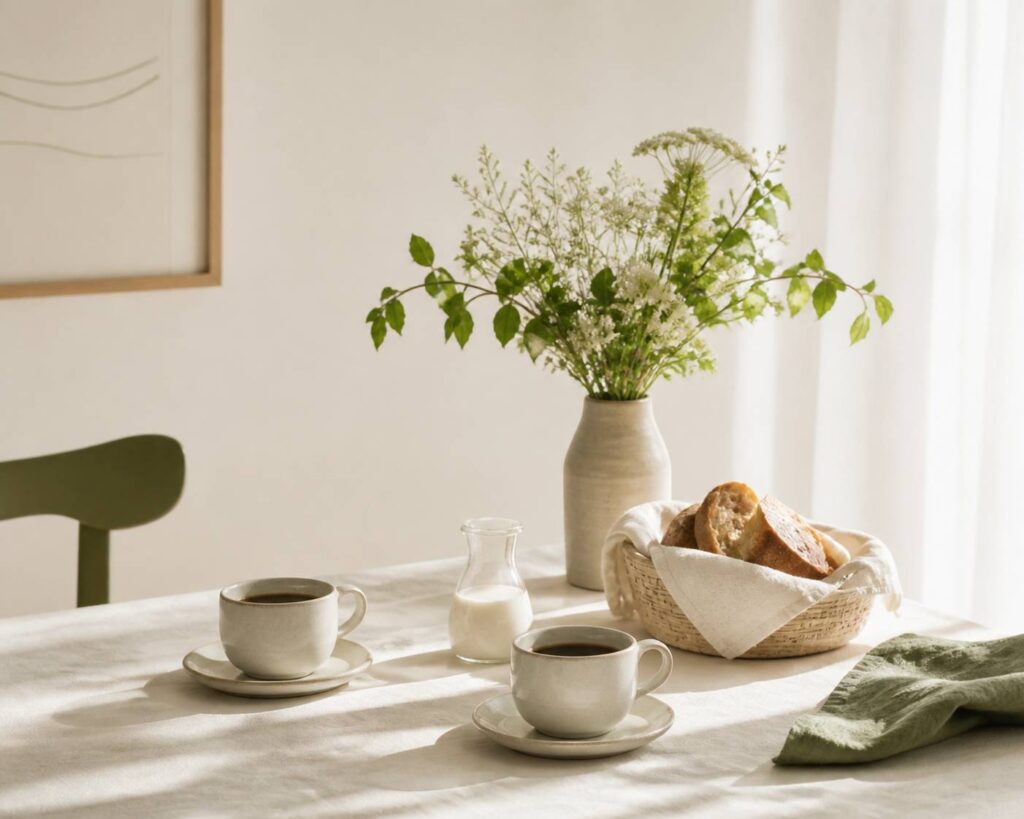 Petit-déjeuner pour deux avec deux tasses, fleurs fraîches et lumière matinale douce