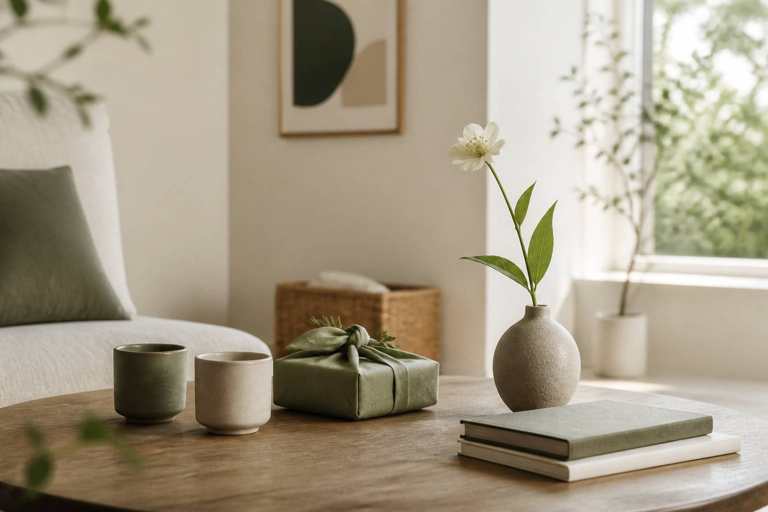 Mains génériques offrant un petit cadeau avec une tasse et des fleurs sur une table