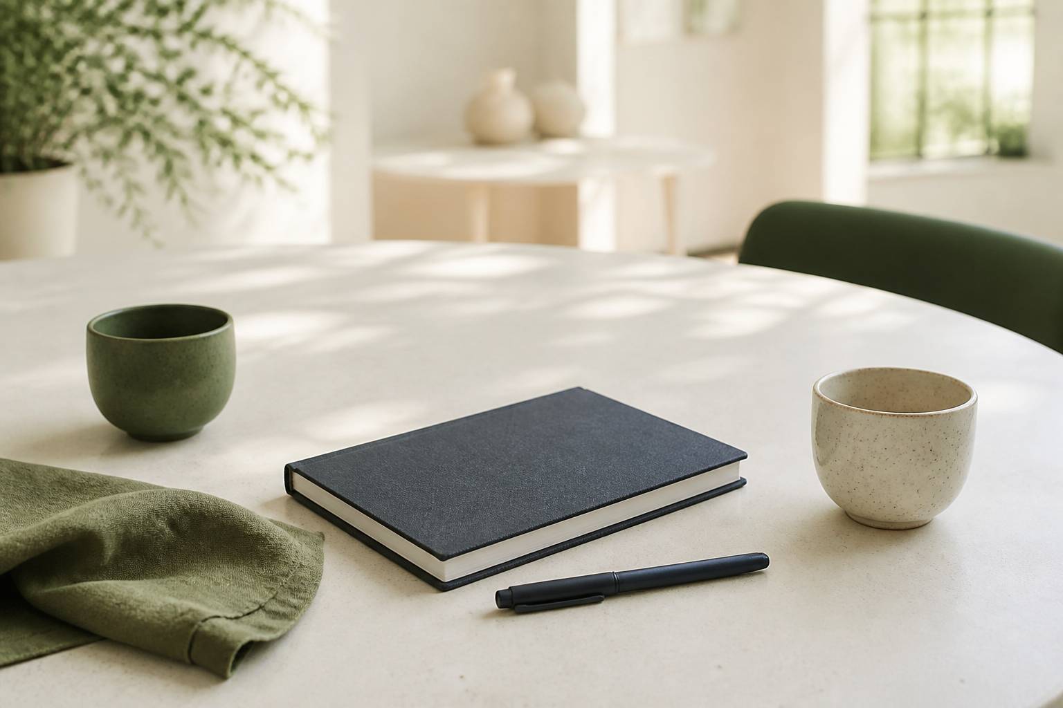 Deux tasses de café sur une table avec un carnet fermé