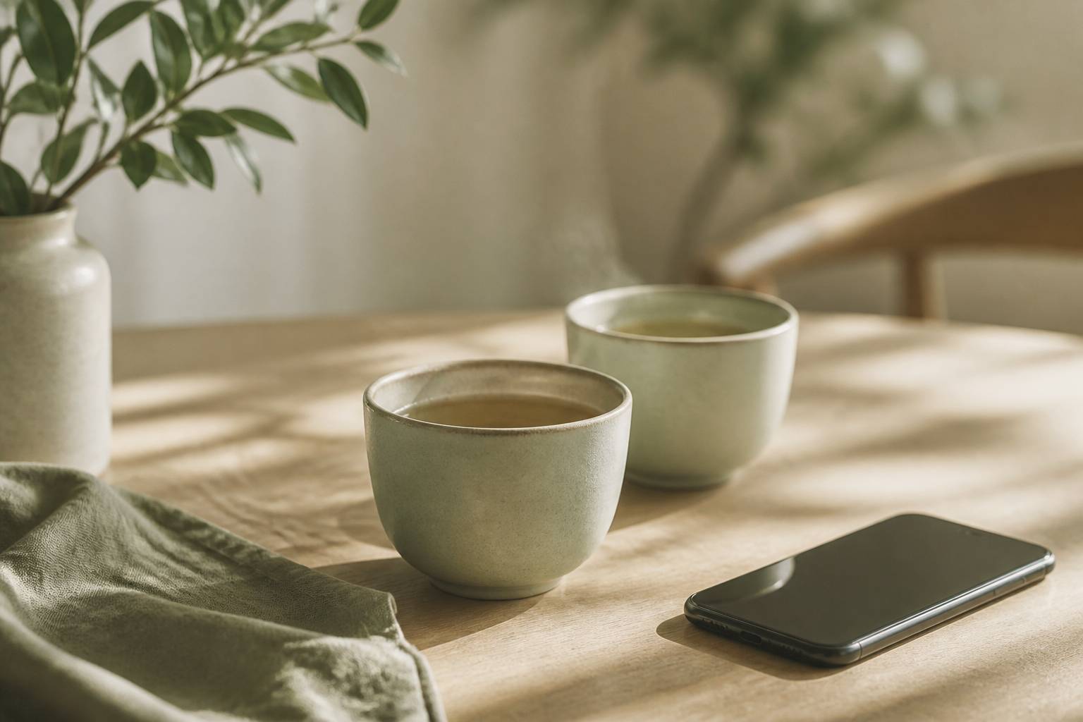 Deux tasses de thé refroidissant sur une table avec un smartphone