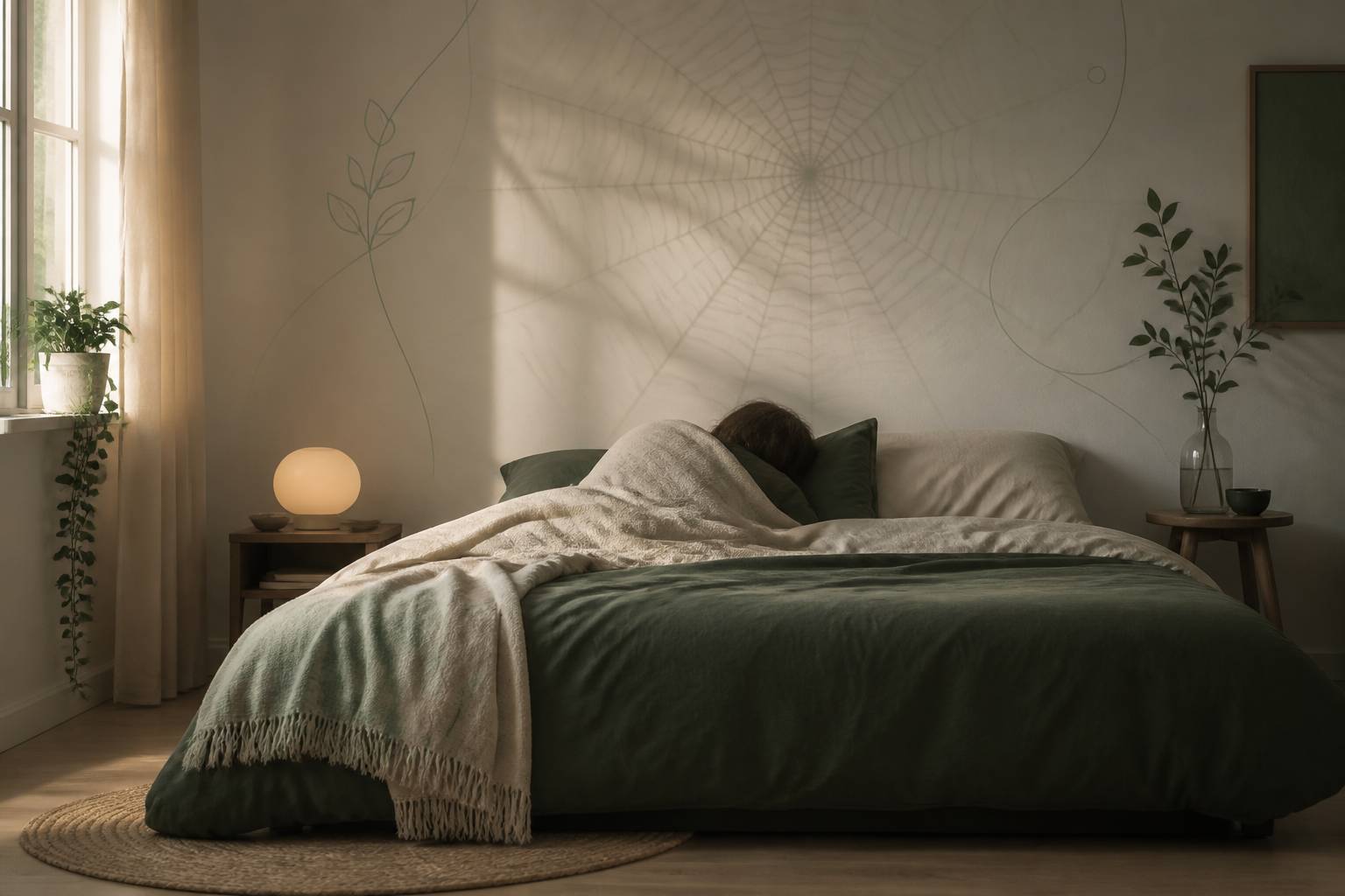 Personne endormie dans un lit avec une ombre de toile au mur