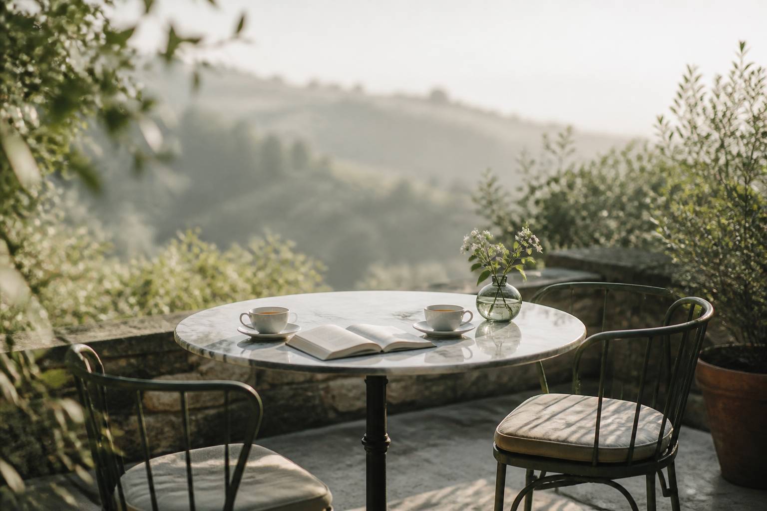 Table de terrasse avec deux tasses de thé et un livre ouvert