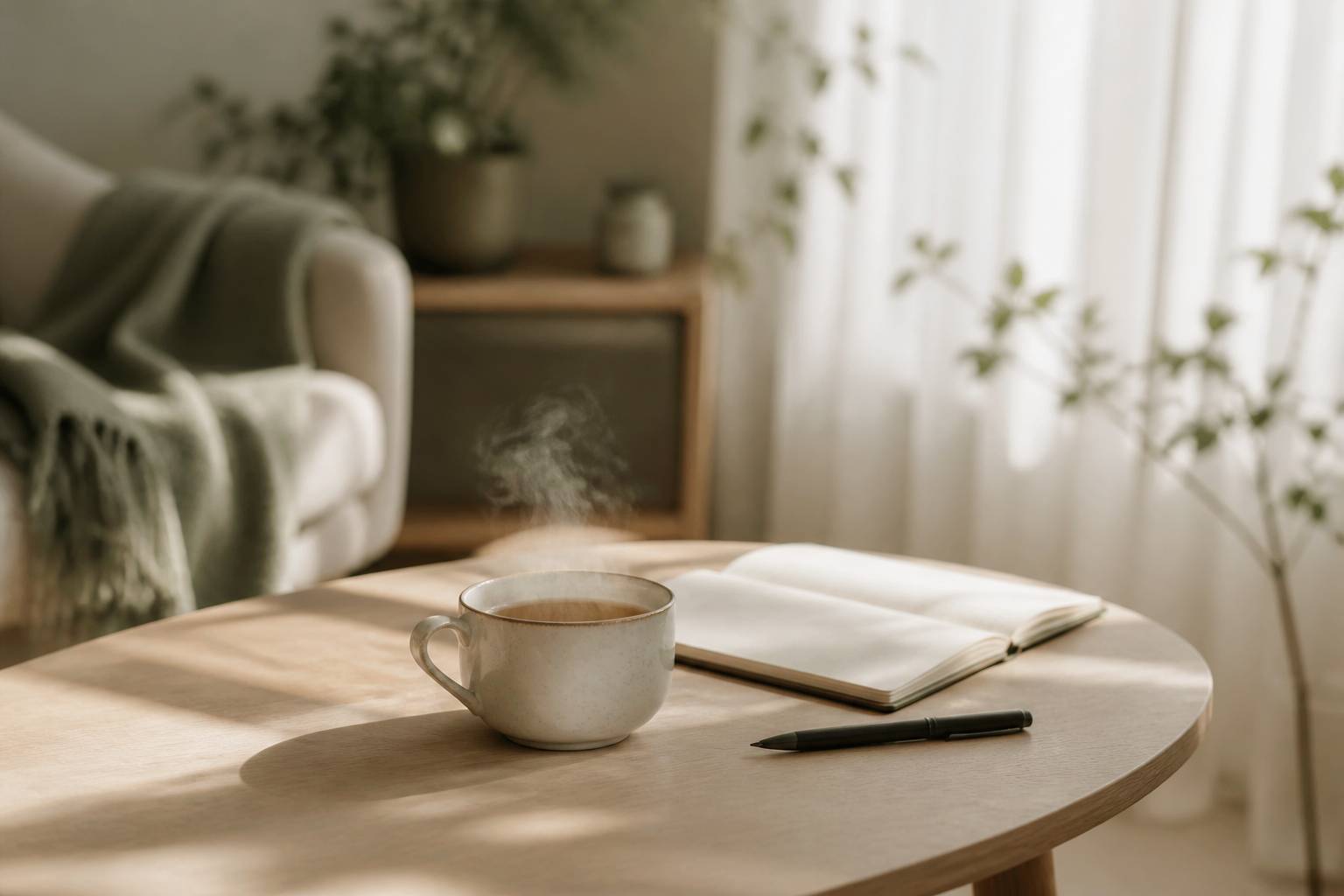 Tasse de thé fumante et carnet sur une table basse en bois clair