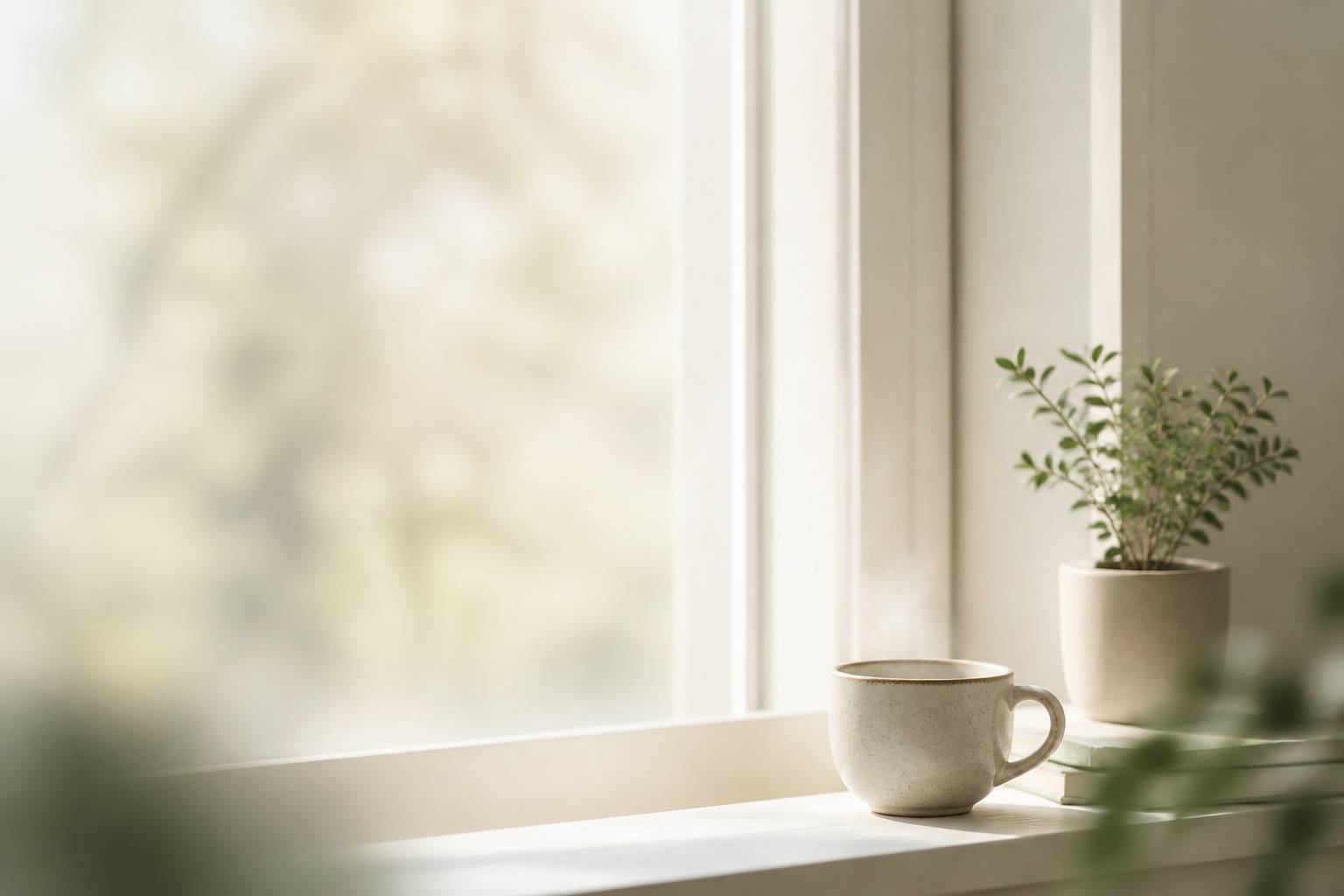 Tasse de thé et plante sur un rebord de fenêtre éclairé
