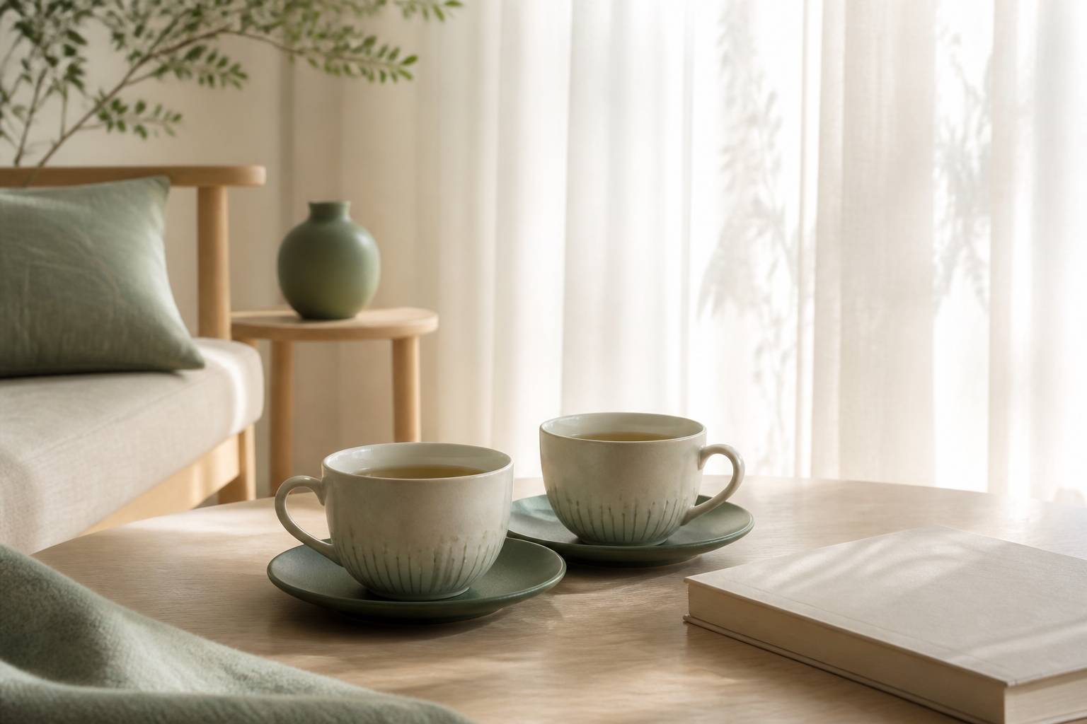 Deux tasses de thé sur une table basse en bois au matin