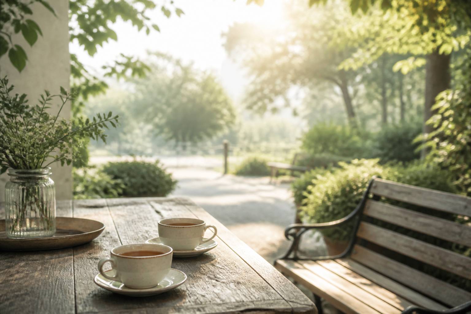 Deux tasses de thé sur une table de café en terrasse dans un parc