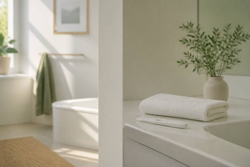 Test de grossesse sur un rebord de lavabo avec une serviette blanche et une lumière douce